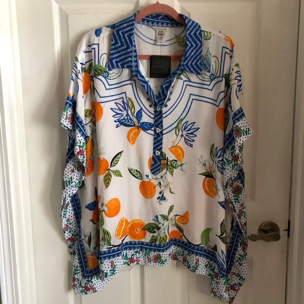 John Mark blouse tunic citrus oranges fruit flowy relaxed white base blue collar